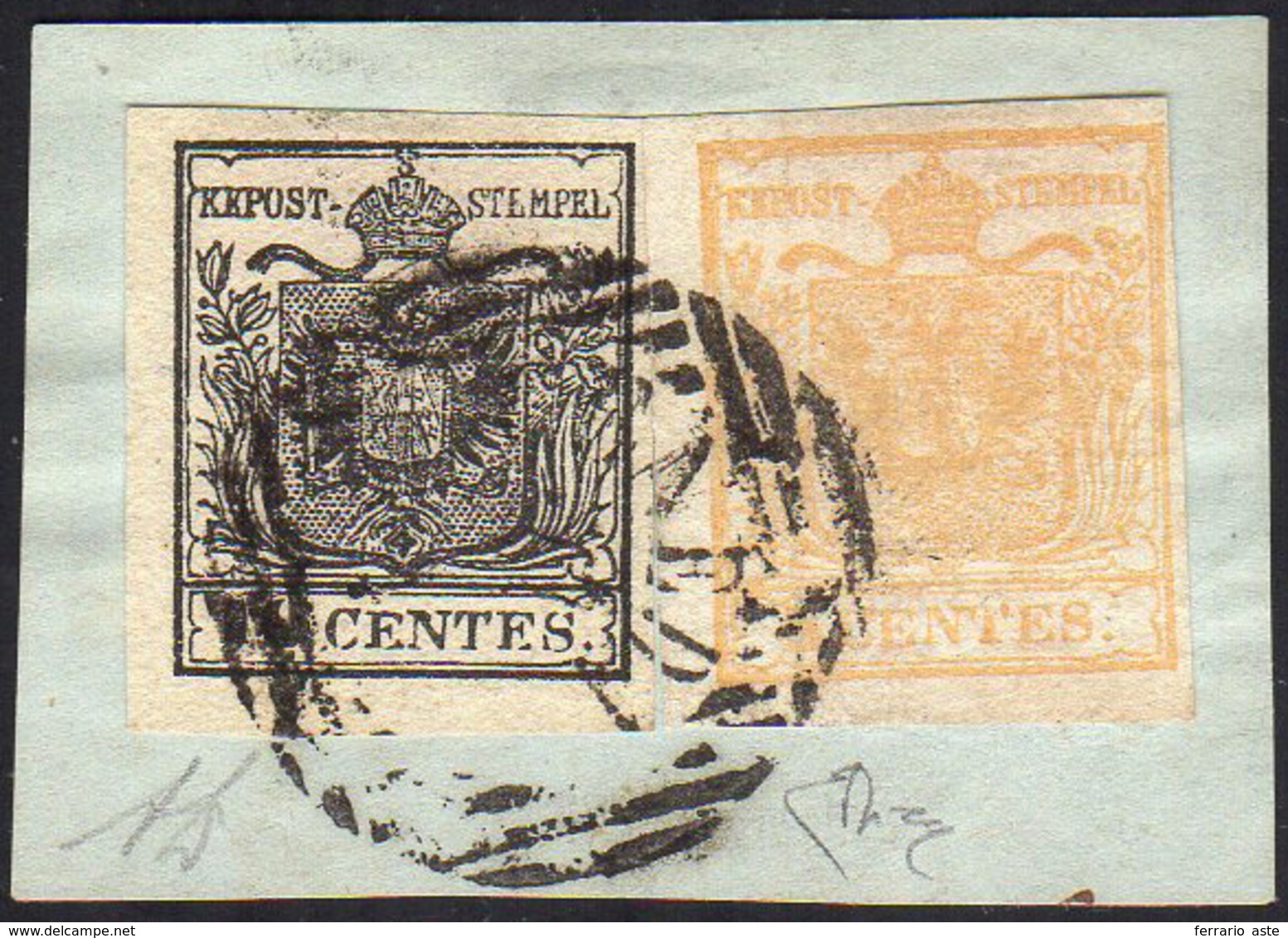 1850 - 10 Cent. Nero, Carta A Mano, Dicitura "CENTES" Ritoccata, 5 Cent. Giallo Ocra, Stampa Recto V... - Lombardy-Venetia