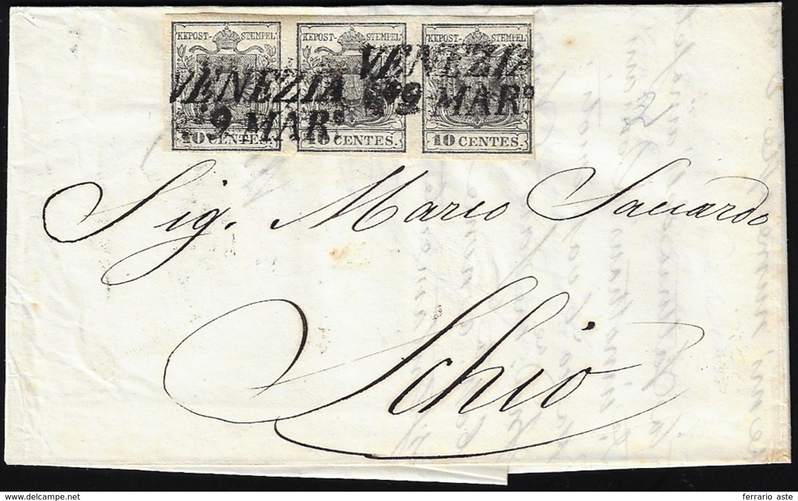 1852 - 10 Cent. Nero, Carta A Mano (2), Striscia Di Tre, Perfetta, Su Lettera Da Venezia 9/3/1852 A ... - Lombardo-Vénétie