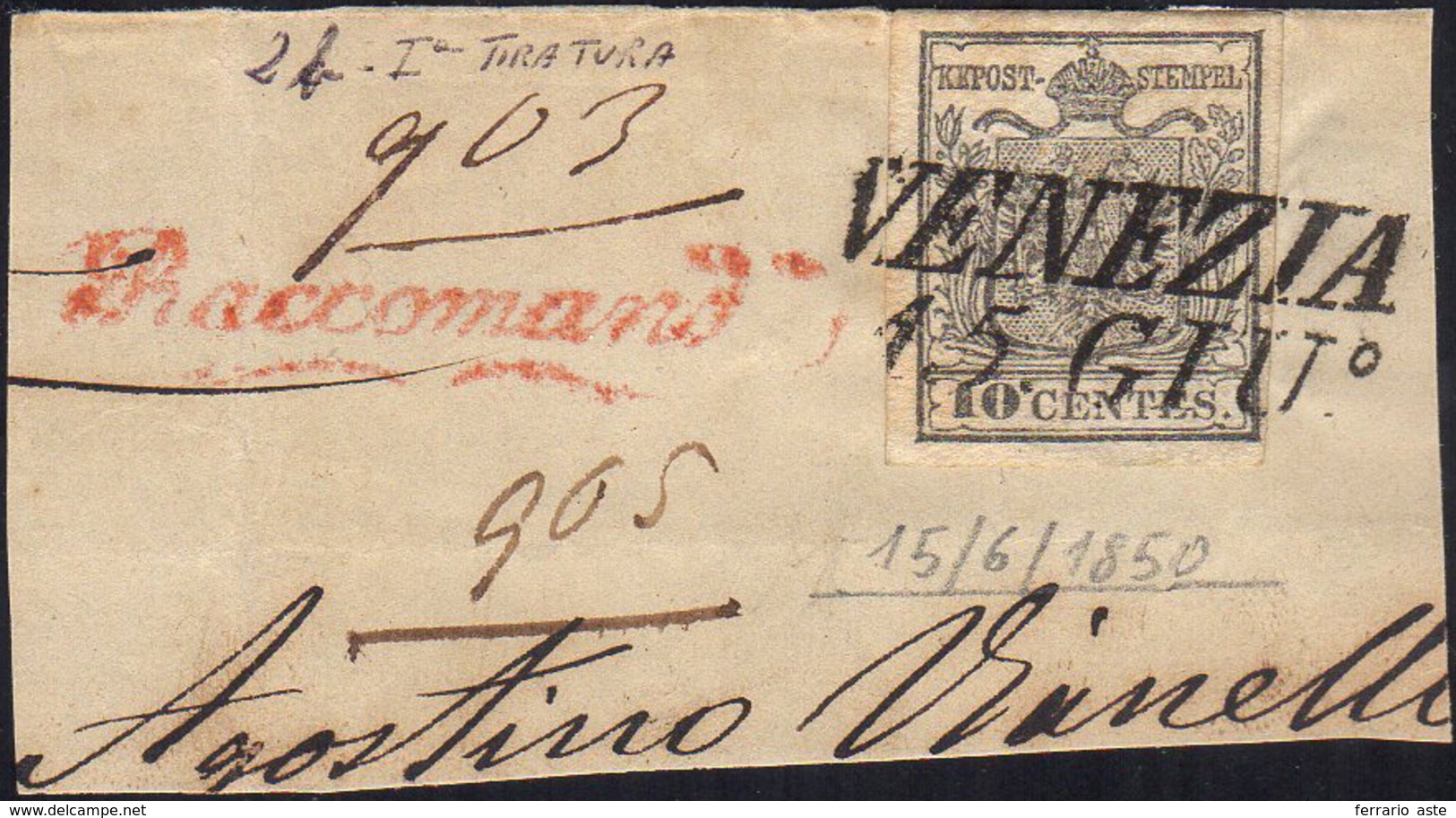 1850 - 10 Cent. Grigio Nero, I Tiratura (2b), Perfetto, Usato Su Frammento Di Raccomandata A Venezia... - Lombardo-Venetien