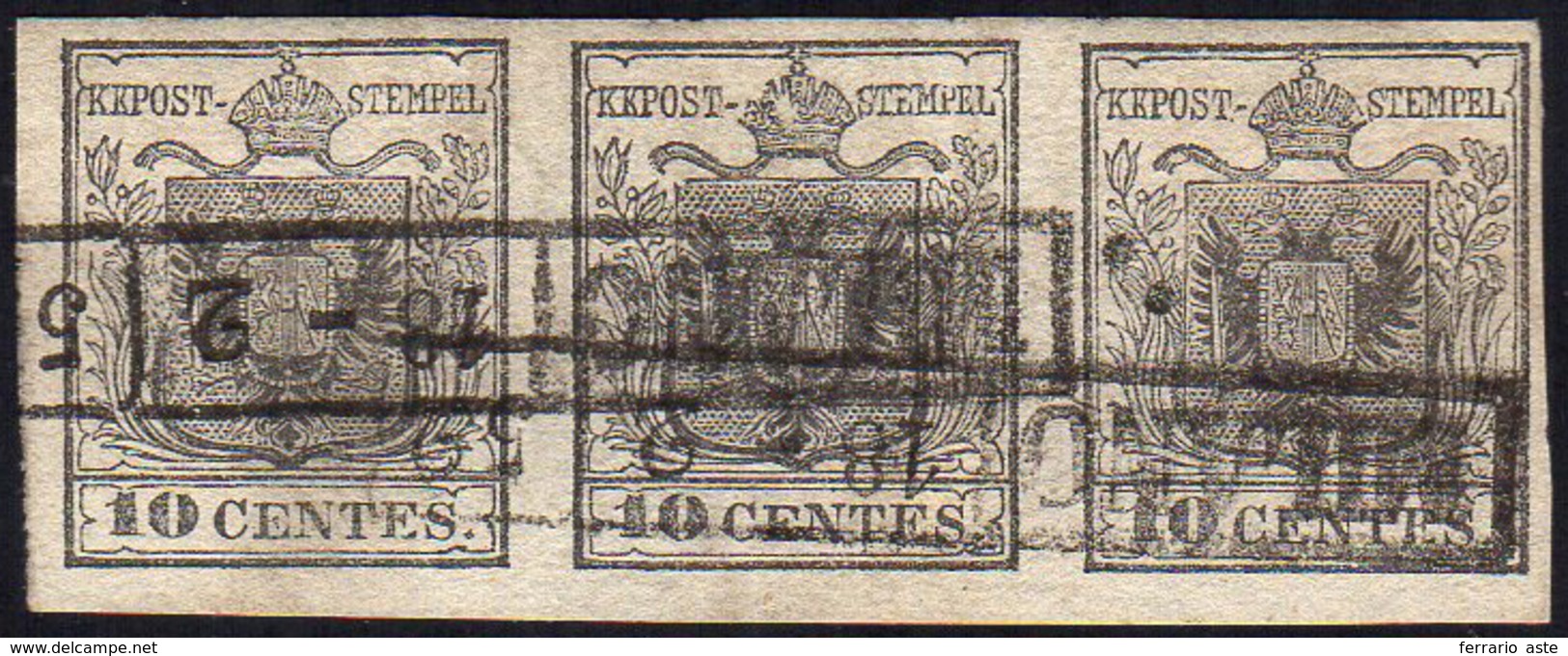 1850 - 10 Cent. Grigio Nero (2c), Striscia Di Tre, Perfetta, Usata A Milano 18/2/1852.... - Lombardije-Venetië