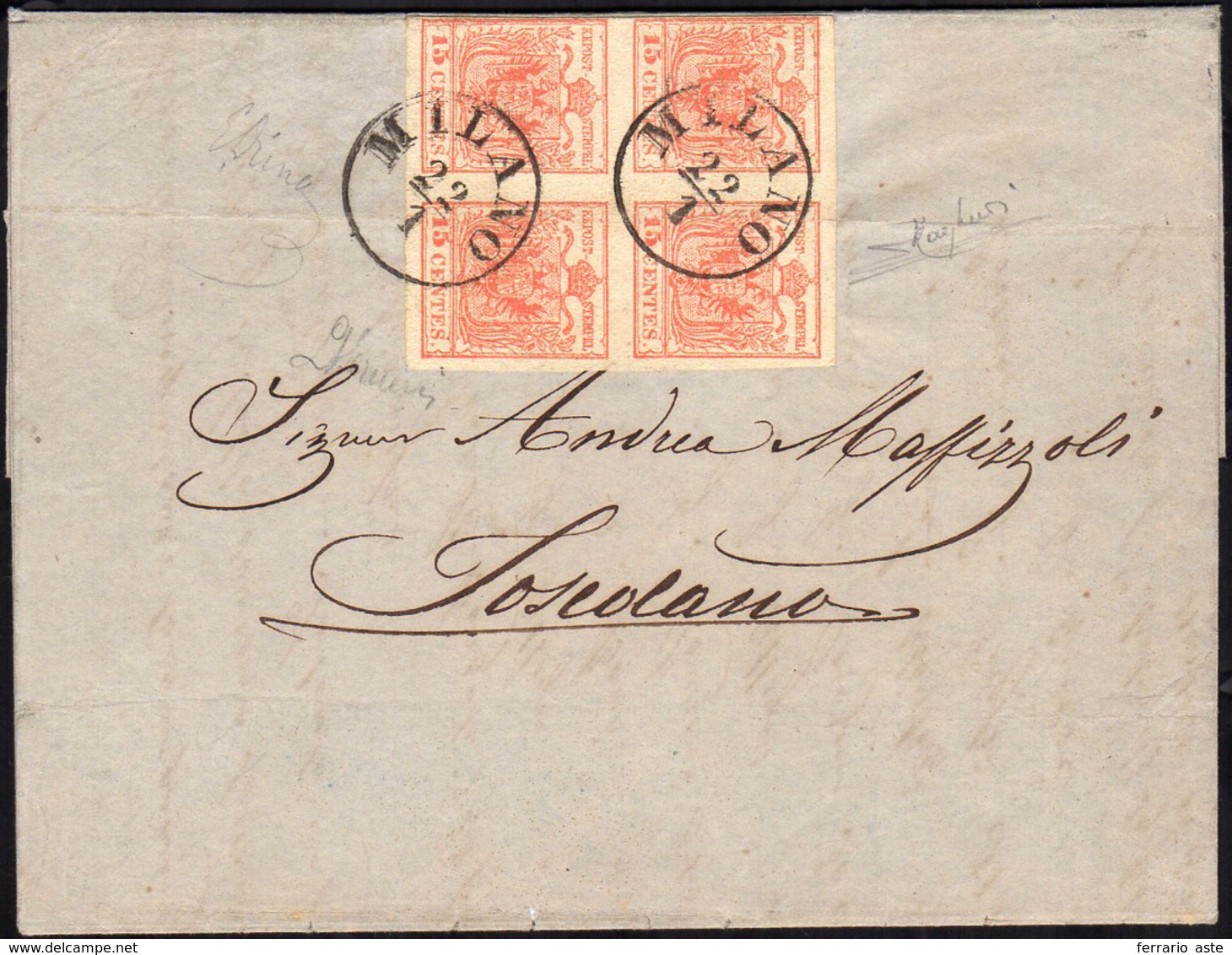 1857 - 15 Cent. Rosso, III Tipo, Carta A Mano (6), Blocco Di Quattro, Impercettibile Piega D'archivi... - Lombardije-Venetië