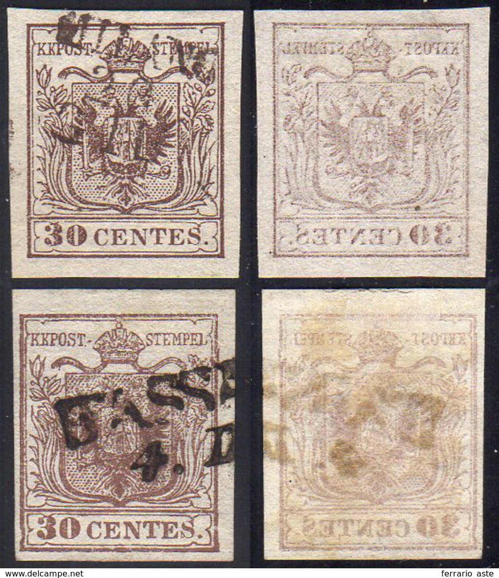 1850 - 30 Cent. Bruno, I Tipo, Due Esemplari, Entrambi Con Decalco (7b/i,7i), Usati, Perfetti.... - Lombardo-Venetien