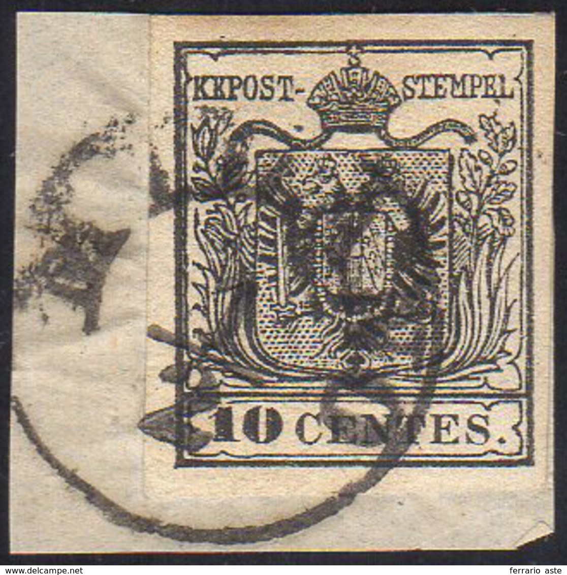 1857 - 10 Cent. Nero, Carta A Macchina (19), Perfetto, Usato Su Piccolo Frammento A Milano 1/2. Rayb... - Lombardy-Venetia