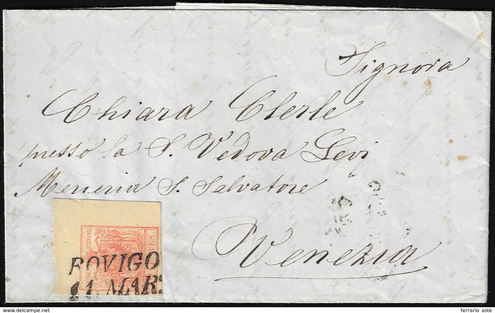 1855 - 15 Cent. Rosso Vermiglio, Carta A Macchina (20), Angolo Di Foglio, Perfetto, Su Lettera Da Ro... - Lombardo-Vénétie