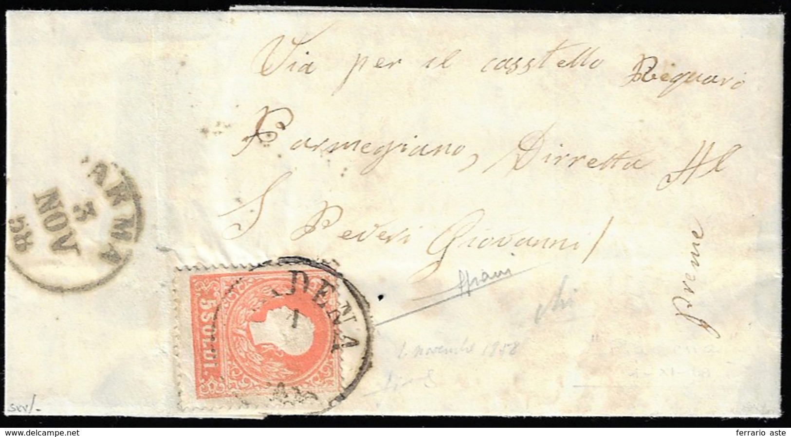 1858 - 5 Soldi Rosso, I Tipo (25), Perfetto, Su Lettera Da Piadena 1/11/1859 A Parma. Rara Lettera D... - Lombardy-Venetia