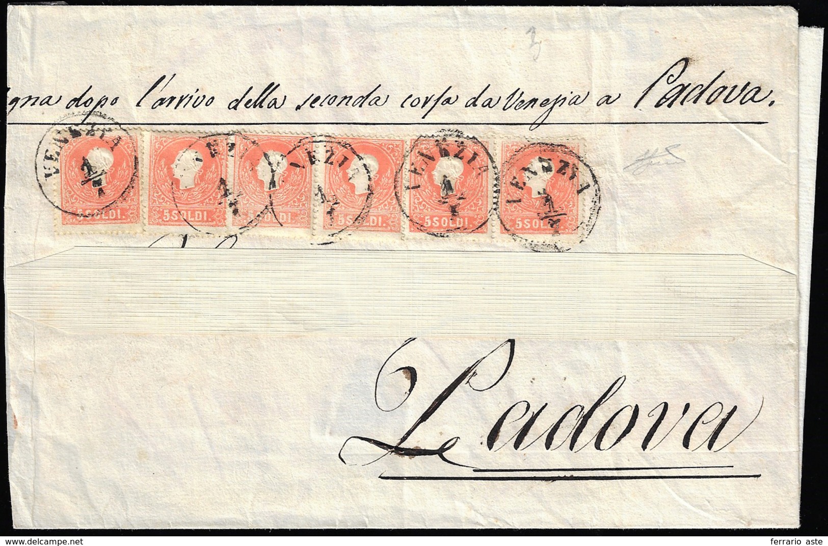 1859 - 5 Soldi Rosso, I Tipo (25), 6 Esemplari, Perfetti, Su Gran Parte Di Sovracoperta Di Lettera D... - Lombardo-Vénétie