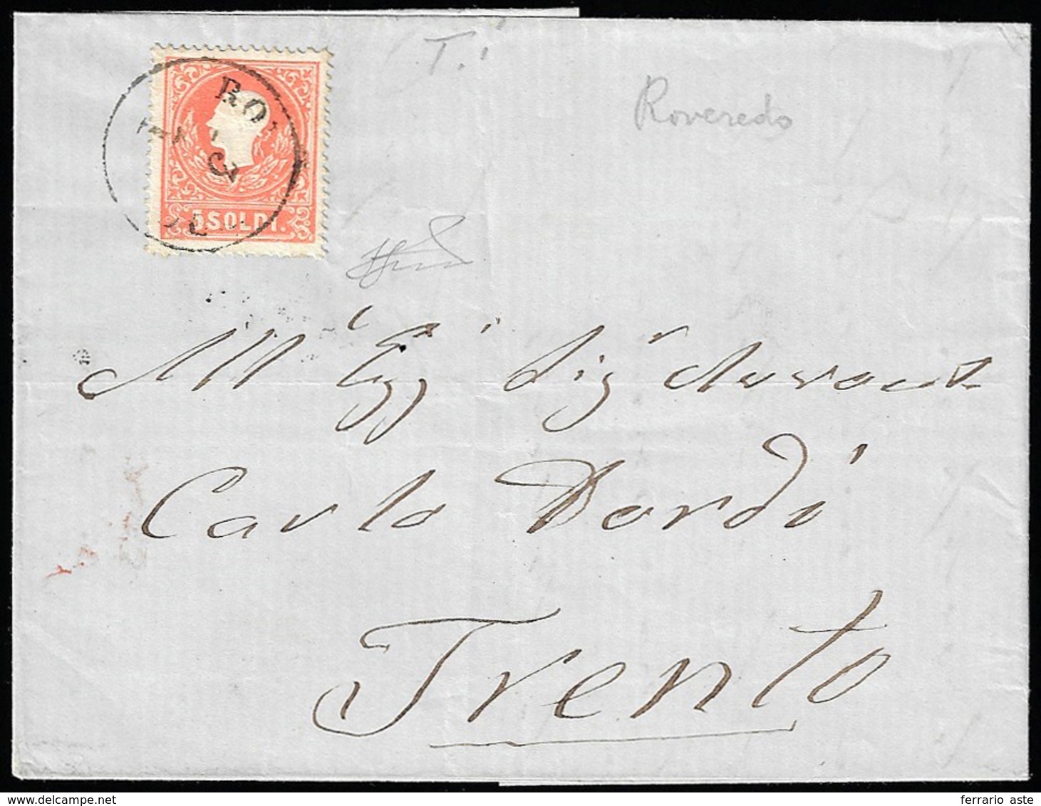 1859 - 5 Soldi Rosso, I Tipo (25), Perfetto, Su Lettera Da Roveredo 3/1/1859 A Trento. Non Comune Us... - Lombardy-Venetia