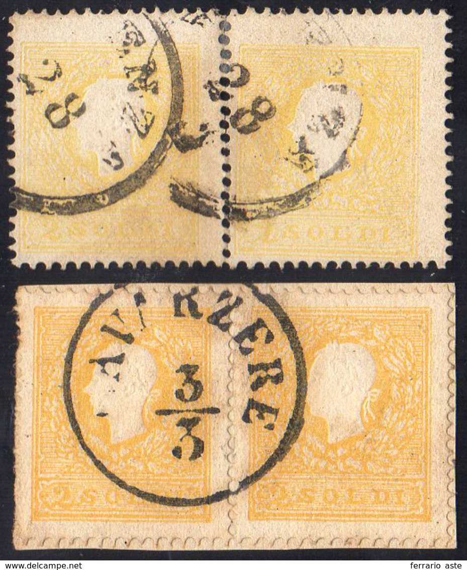 1859 - 2 Soldi Giallo, II Tipo E 2 Soldi Giallo Vivo (28,28a), Coppie, Usate, Perfette. Raybaudi, So... - Lombardy-Venetia