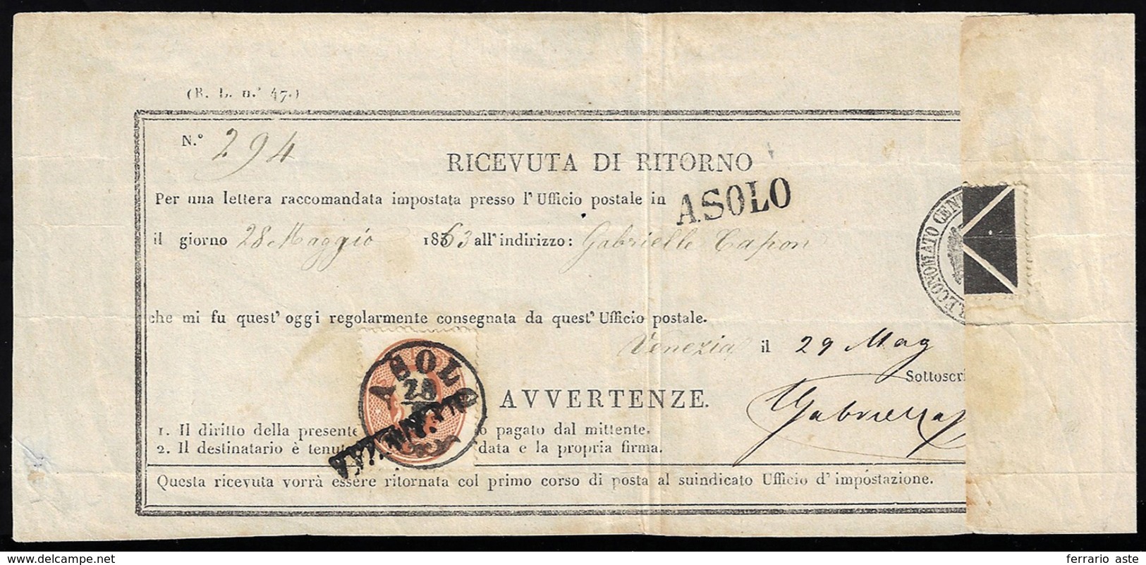 1863 - 10 Soldi Bruno Mattone (34), Perfetto, Su Ricevuta Di Ritorno Per Una Lettera Raccomandata Da... - Lombardo-Vénétie