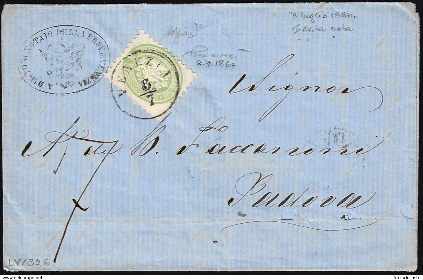 1864 - 3 Soldi Verde Dent. 9 1/2 (42), Perfetto, Isolato Su Lettera Del 8/7/1864 Per Padova Tassata.... - Lombardije-Venetië