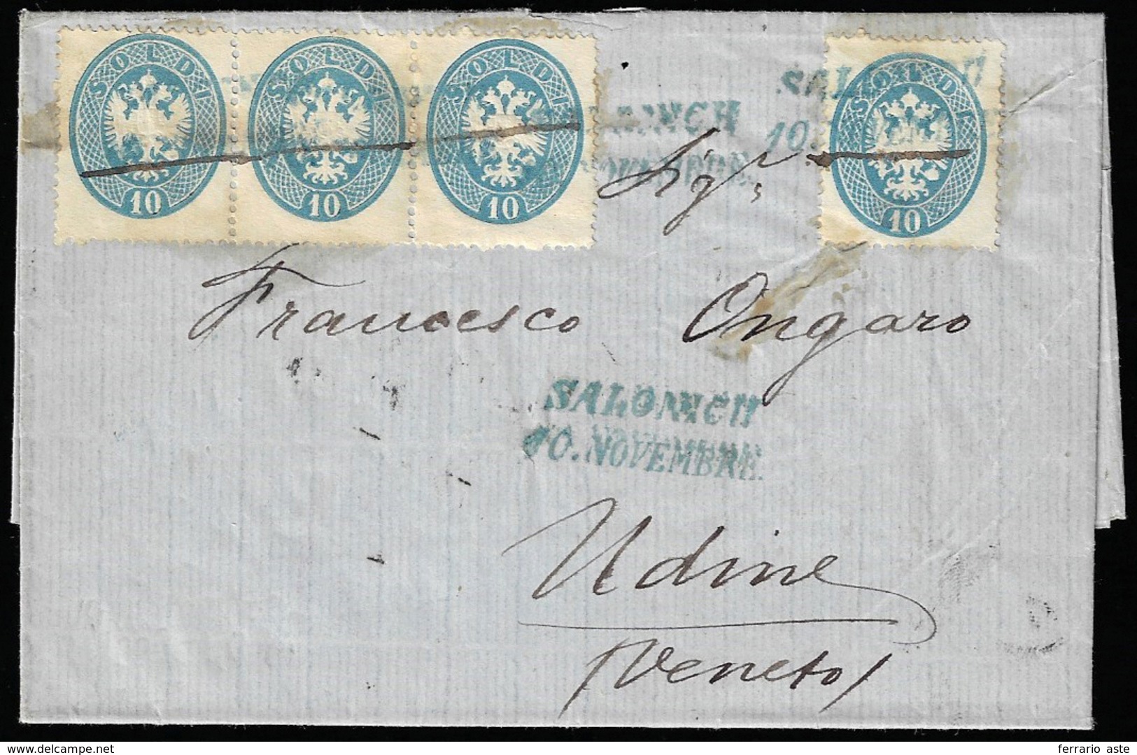 LEVANTE 1869 - 10 Soldi Azzurro, Dent. 14 (39L), Striscia Di Tre E Singolo, Perfetti, Su Lettera Da ... - Lombardy-Venetia