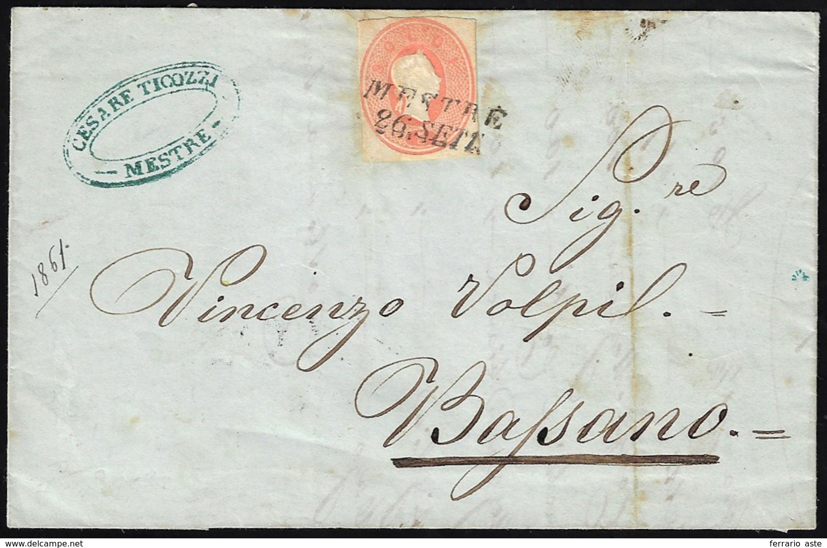 BUSTE POSTALI 1861 - 5 Soldi Rosso, Ritaglio Di Busta Postale (2), A Filo A Sinistra, Su Lettera Da ... - Lombardy-Venetia