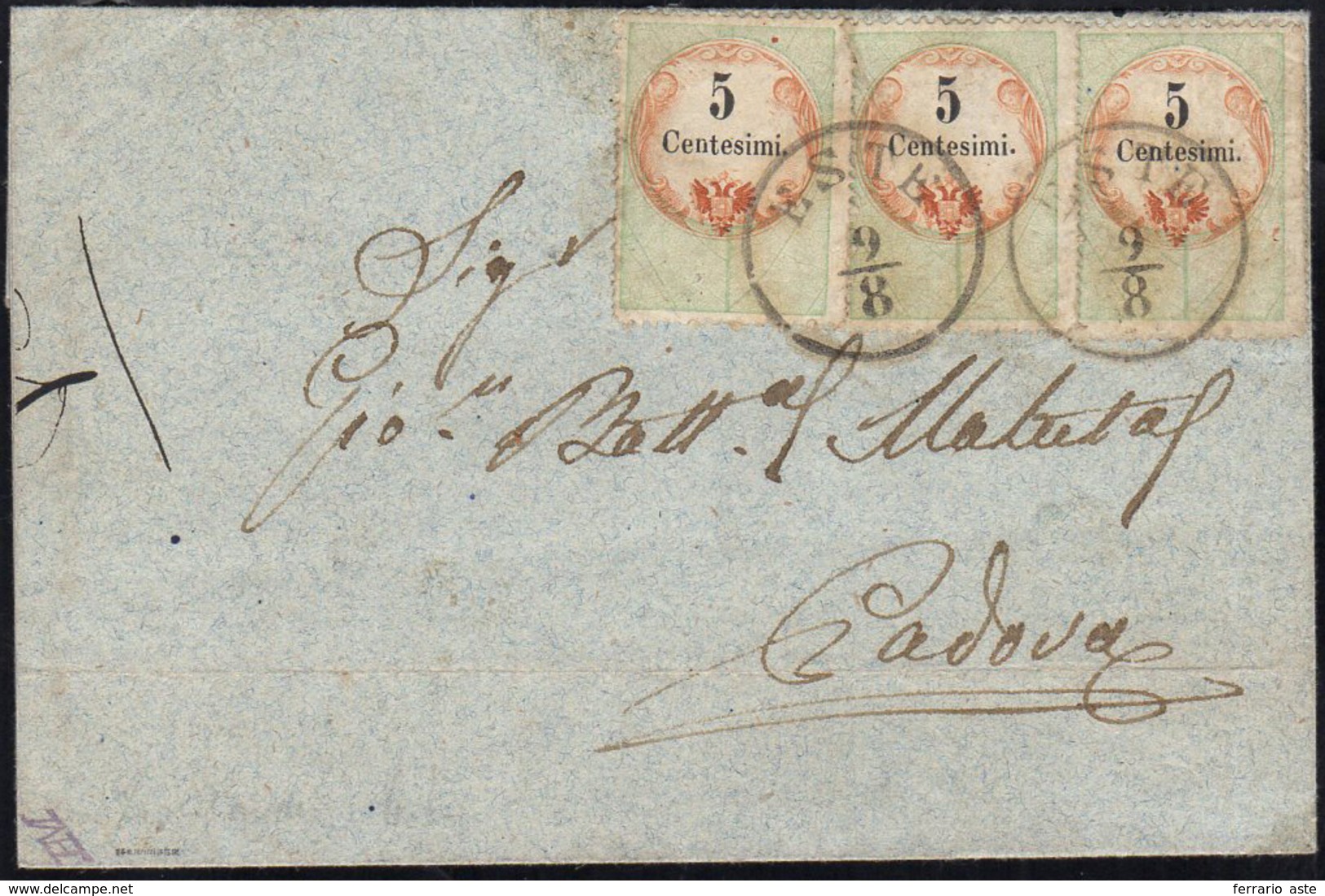 1856 - 5 Cent., Marca Da Bollo Tipografica (1), Tre Esemplari, Perfetti, Uno Con Lieve Grinza D'appl... - Lombardo-Vénétie