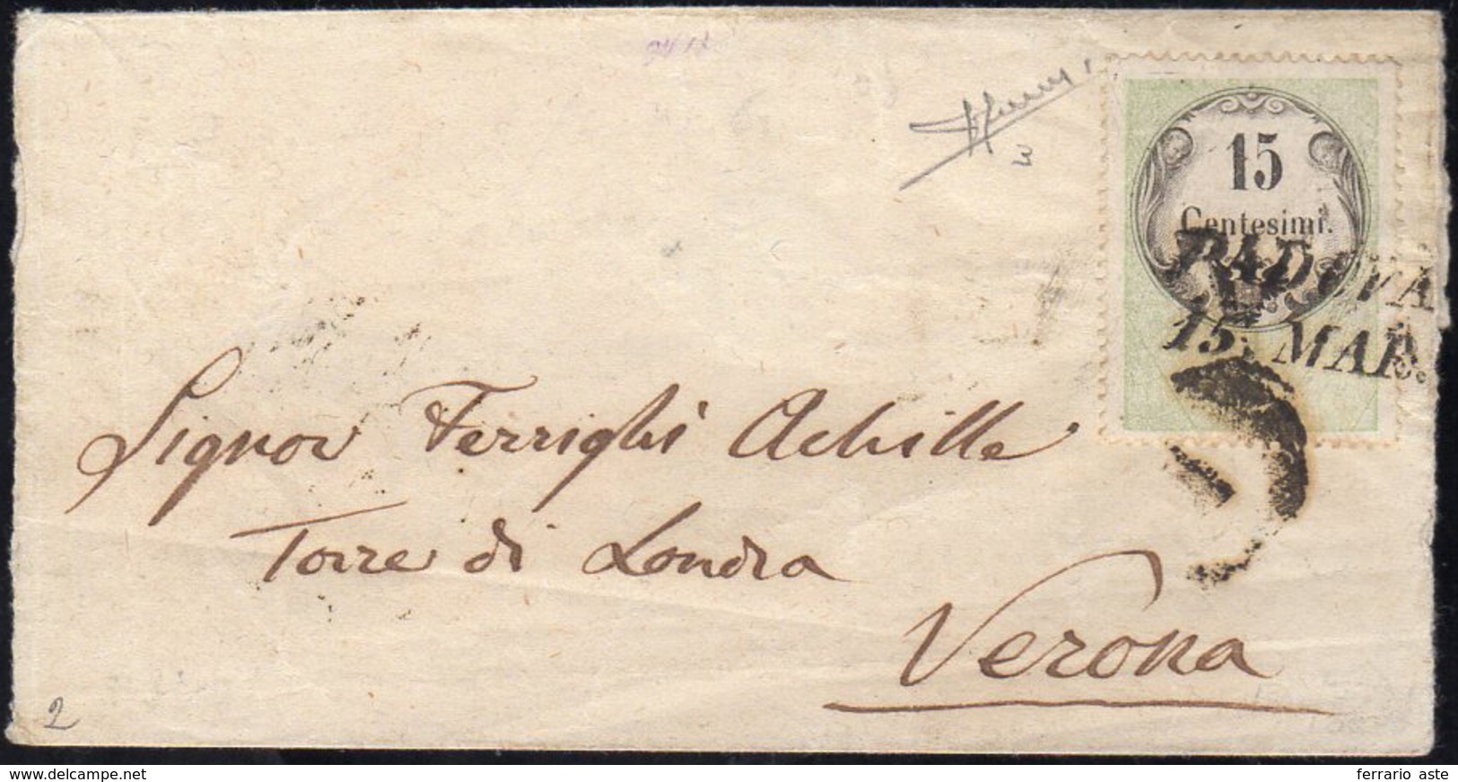 1854 - 15 Cent., Marca Da Bollo Tipografica (3), Perfetta, Su Sovracoperta Di Lettera Da Padova 15/3... - Lombardy-Venetia