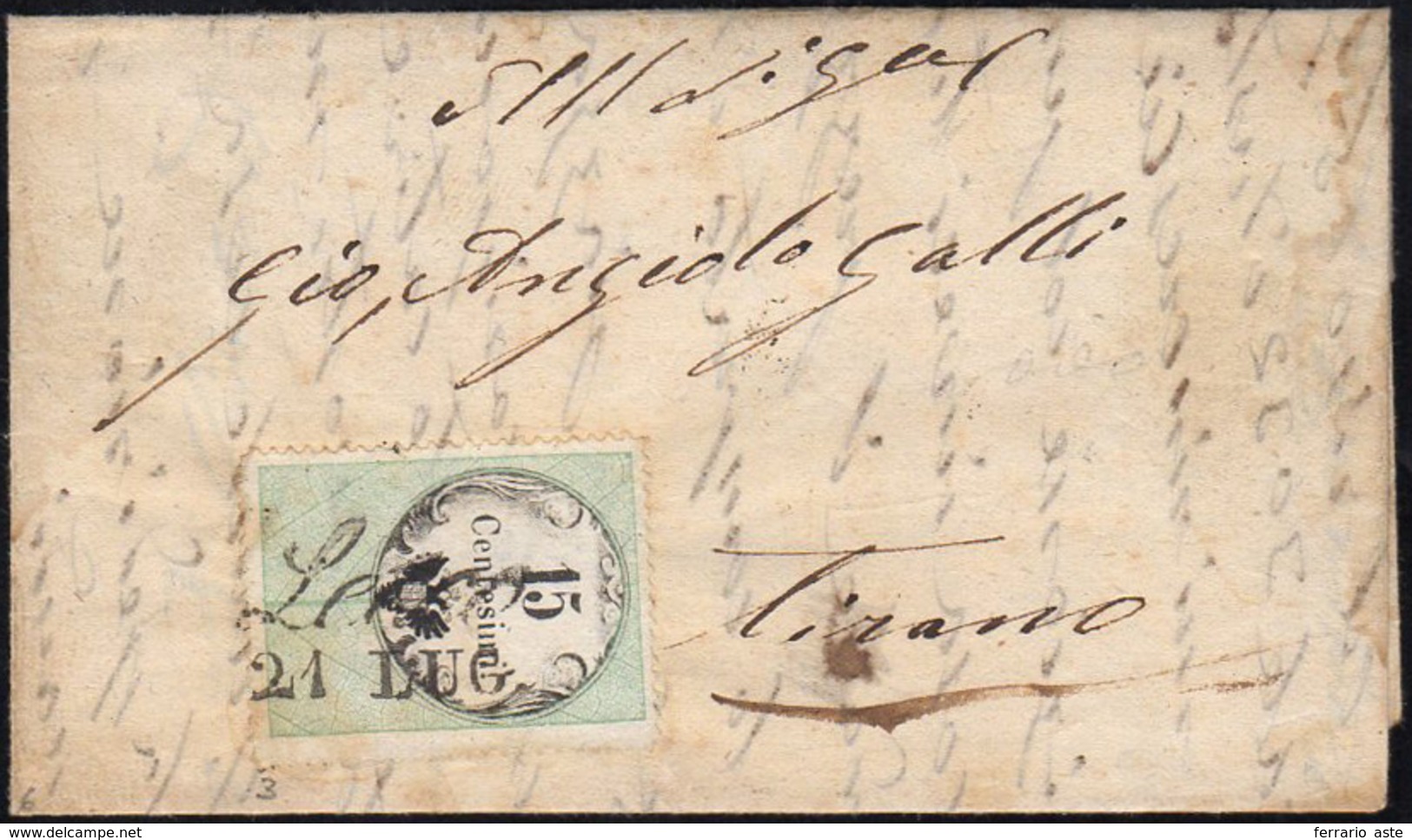 1855 - 15 Cent., Marca Da Bollo Tipografica (3), Ottimo Stato, Su Lettera Da Lecco 21/7/1855 (punti ... - Lombardy-Venetia