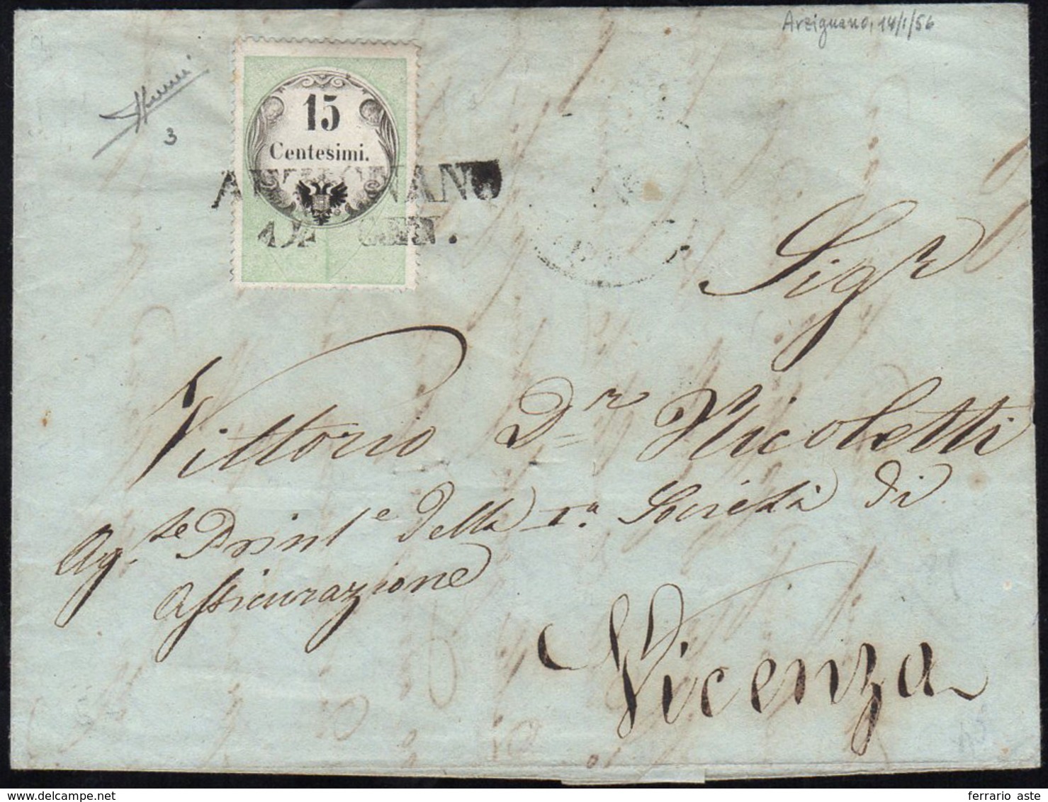 1856 - 15 Cent., Marca Da Bollo Tipografica (3), Perfetta, Su Lettera Da Arzignano 14/1/1856 (punti ... - Lombardy-Venetia