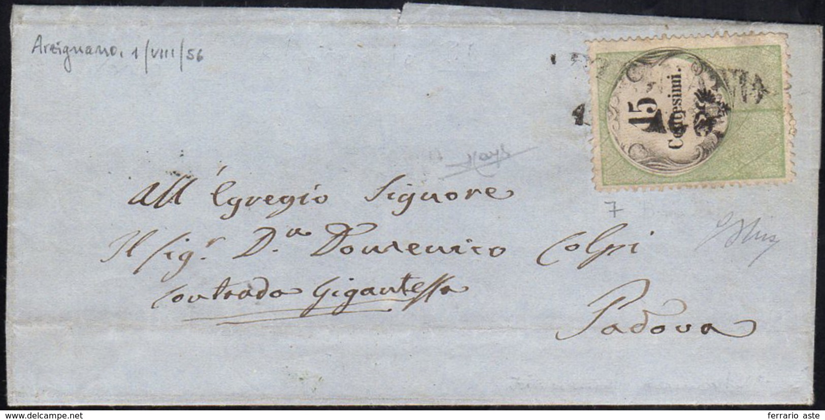 1856 - 15 Cent., Marca Da Bollo Calcografica (7), Perfetta, Su Lettera Da Arzignano 1/8/1856 (punti ... - Lombardo-Vénétie