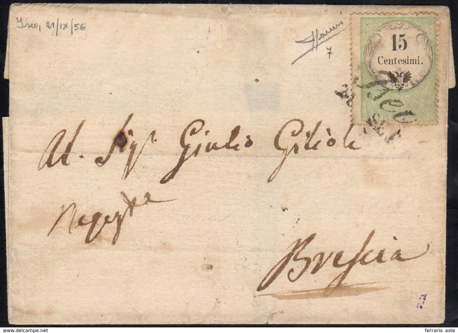 1856 - 15 Cent., Marca Da Bollo Calcografica (7), Perfetta, Su Sovracoperta Di Lettera Da Iseo 21/7/... - Lombardy-Venetia