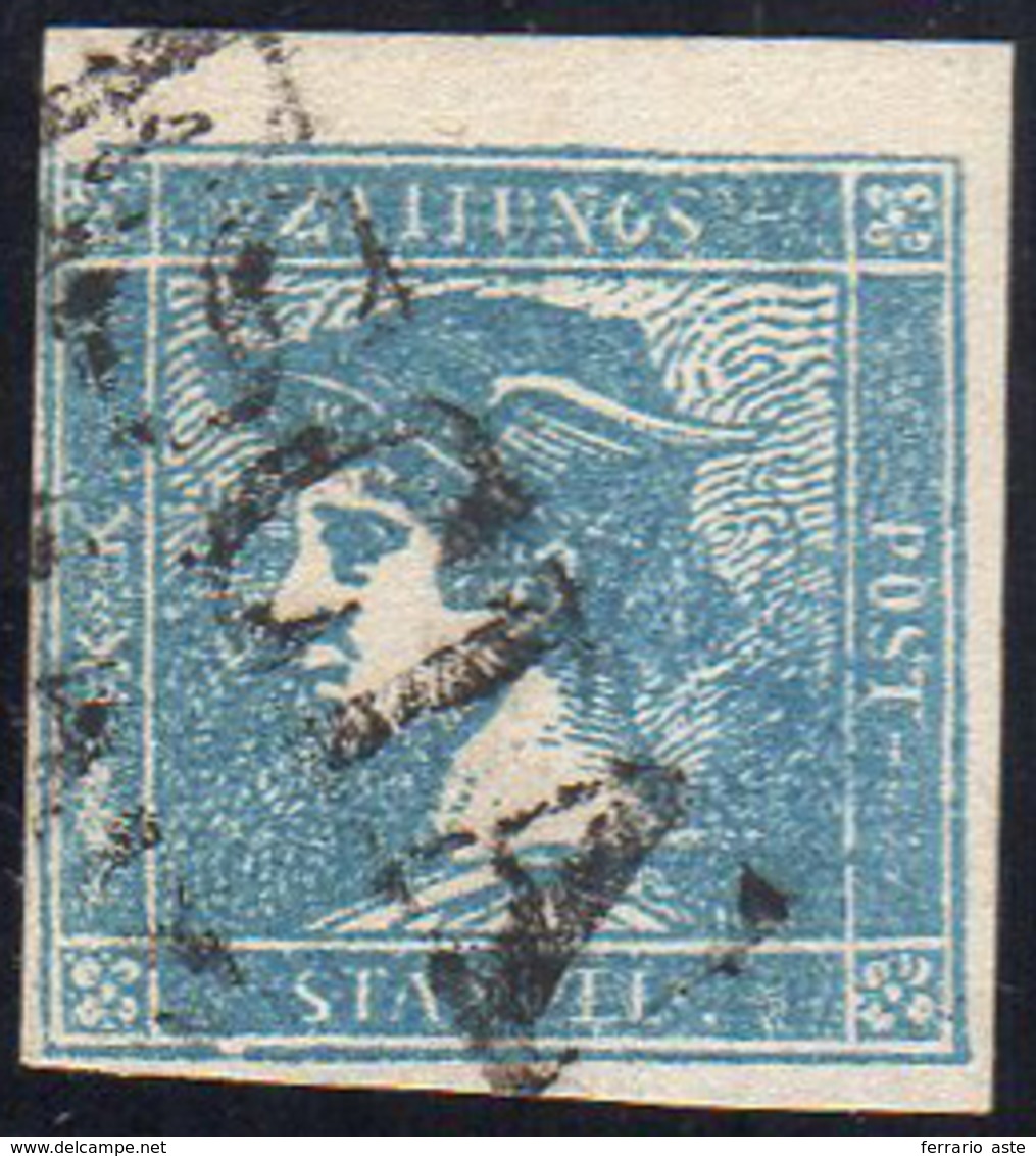 1851 - 3 Cent. Mercurio Azzurro, I Tipo (1), Usato, Perfetto. Emilio Diena, Raybaudi.... - Lombardo-Vénétie