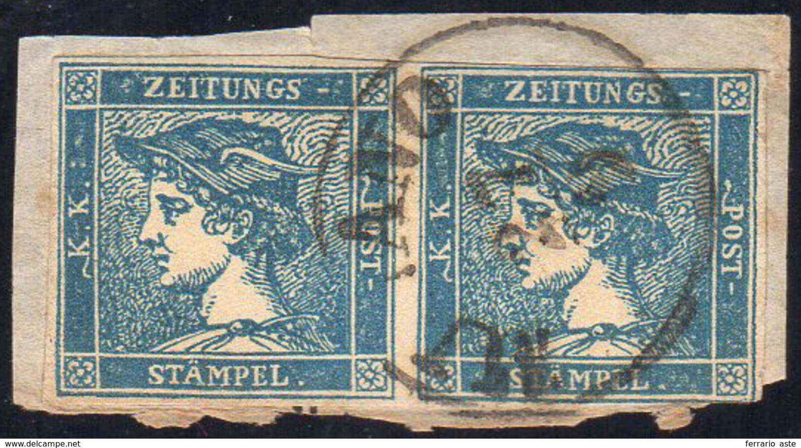 1851 - 3 Cent. Mercurio Azzurro, I Tipo (1), Coppia Orizzontale, Ottimo Stato, Usato Su Piccolo Fram... - Lombardy-Venetia