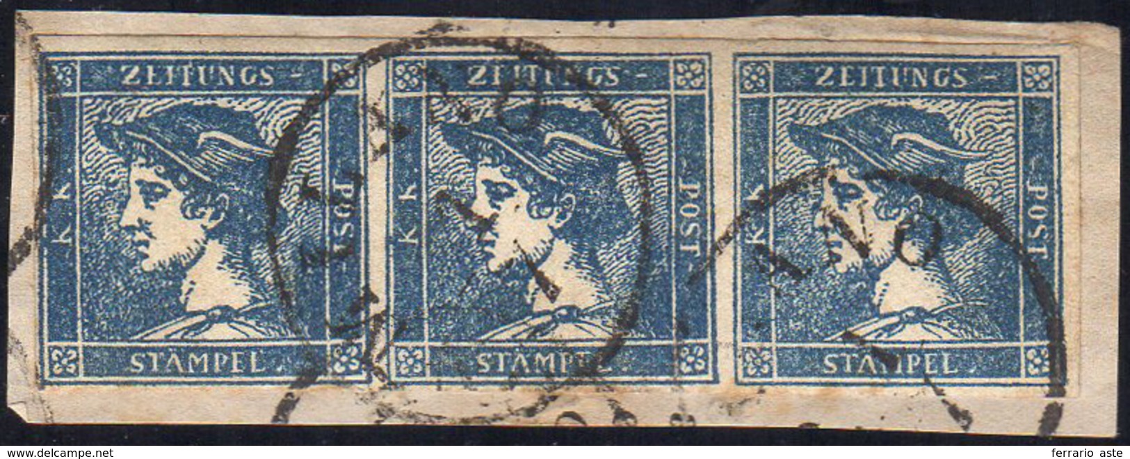 1851 - 3 Cent. Mercurio Azzurro, I Tipo (1), Striscia Di Tre, Perfetta, Usata A Milano 1/7 Su Piccol... - Lombardo-Vénétie