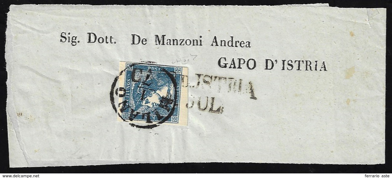 1851 - 3 Cent. Mercurio Azzurro, I Tipo (1), Leggermente Intaccato A Destra, Su Fascetta Da Milano 1... - Lombardo-Vénétie