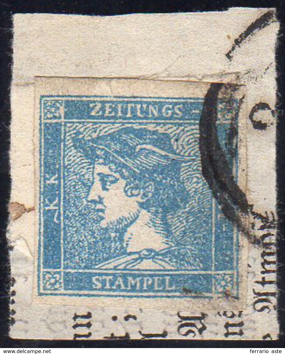 1855 - 3 Cent. Mercurio Azzurro, III Tipo (3), Perfetto, Usato Su Piccolo Frammento. A.Diena.... - Lombardy-Venetia