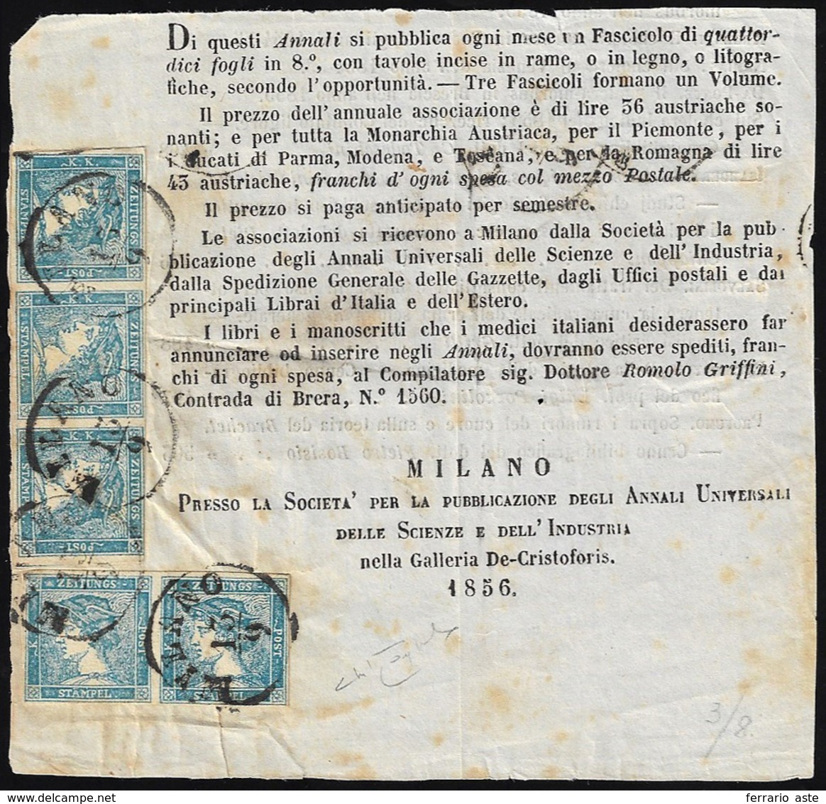 1856 - 3 Cent. Mercurio Azzurro, III Tipo (3), Striscia Di Tre E Coppia, Ottimo Stato, Su Ampio Fram... - Lombardo-Vénétie
