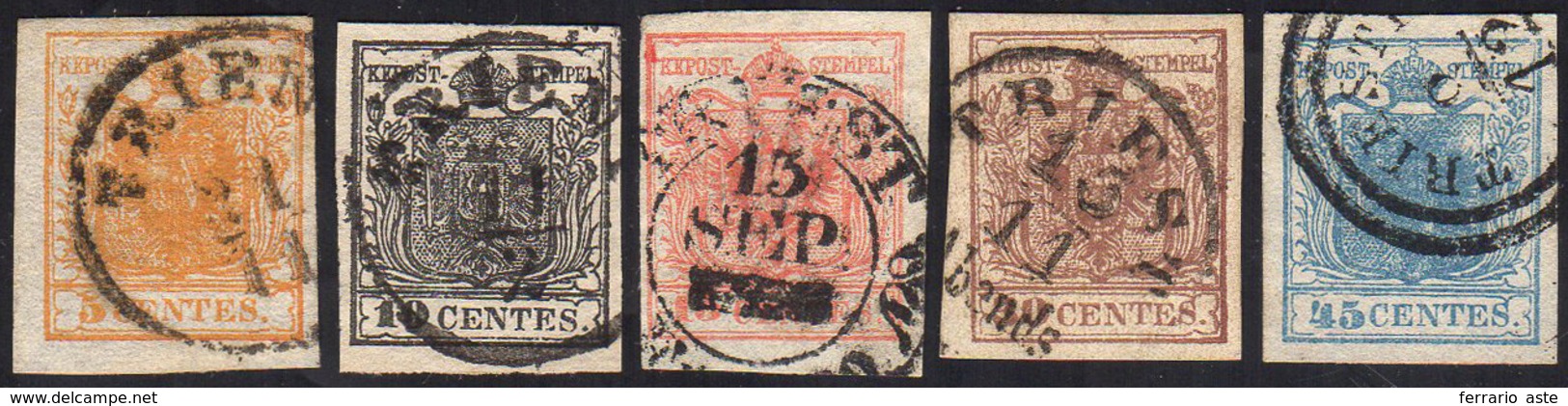 1850/55 - 5 Cent., 10 Cent., 15 Cent., 30 Cent., 45 Cent. (1h,2d,6c,21a,10c), Perfetti, Usati A Tren... - Lombardy-Venetia