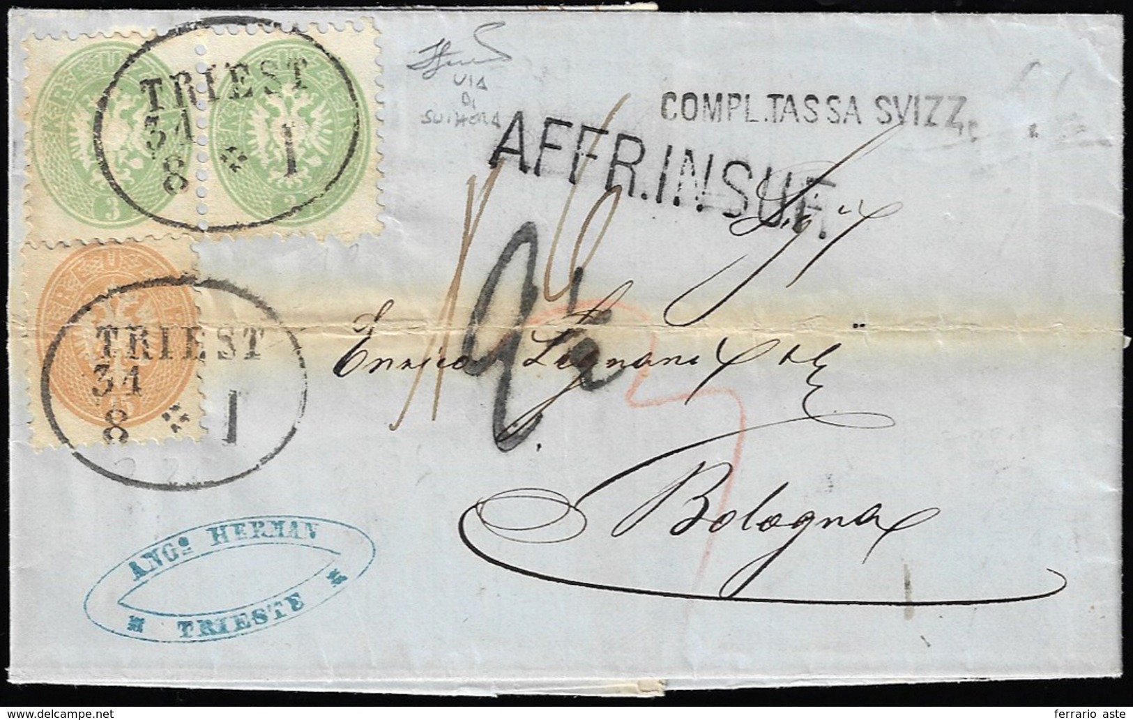 1866 - 3 Kreuzer, Coppia Perfetta, 15 Kreuzer, Piega Passante (28,31), Su Lettera Da Trieste 31/8/18... - Lombardy-Venetia