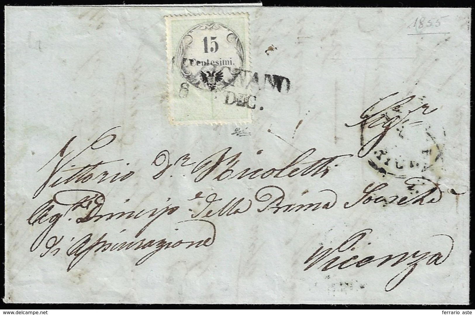 ARZIGNANO, SD Punti 8 - 15 Cent. Marca Da Bollo (3), Perfetta, Su Lettera Del 8/12/1855 Per Vicenza.... - Lombardo-Vénétie