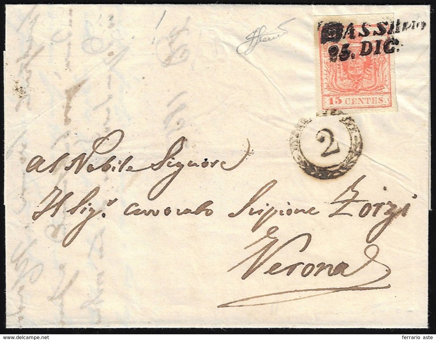 BASSANO, SI Punti 9 - 15 Cent. (6), Perfetto, Su Lettera Del 25/12/1852 Per Verona. Bollo Di Distrib... - Lombardy-Venetia