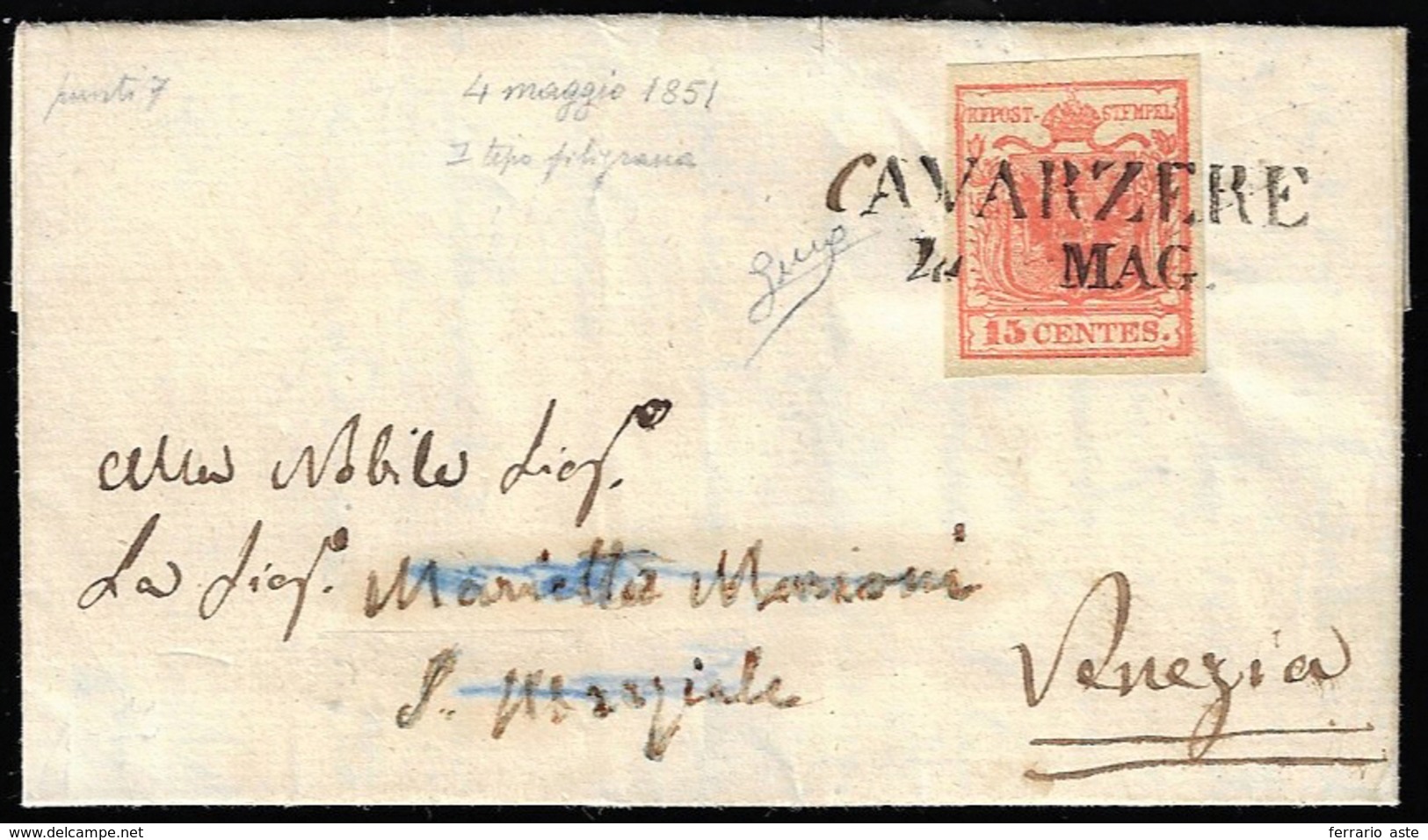 CAVARZERE, SD "C" A Penna Punti 7 - 15 Cent. (3), Perfetto, Su Lettera Del 4/5/1851 A Venezia. Bella... - Lombardo-Vénétie