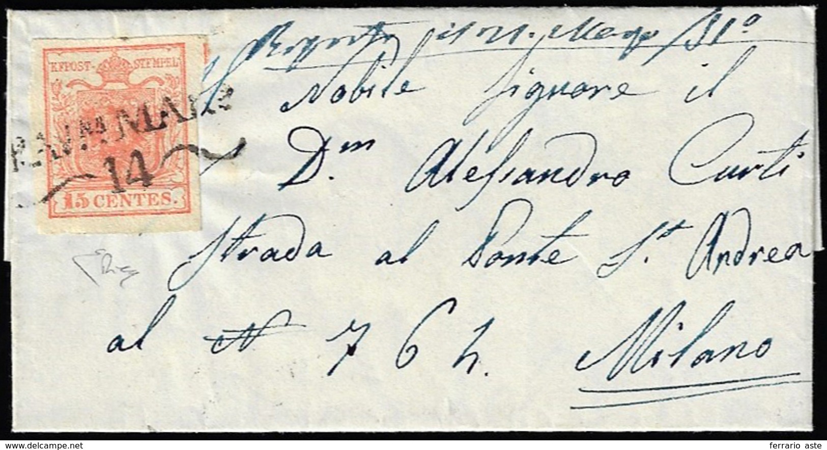 GRAVEDONA,SD Punti 13 - 15 Cent. (3), Perfetto, Su Lettera Del 14/3/1851 Per Milano. Bella! Cert. E.... - Lombardo-Vénétie