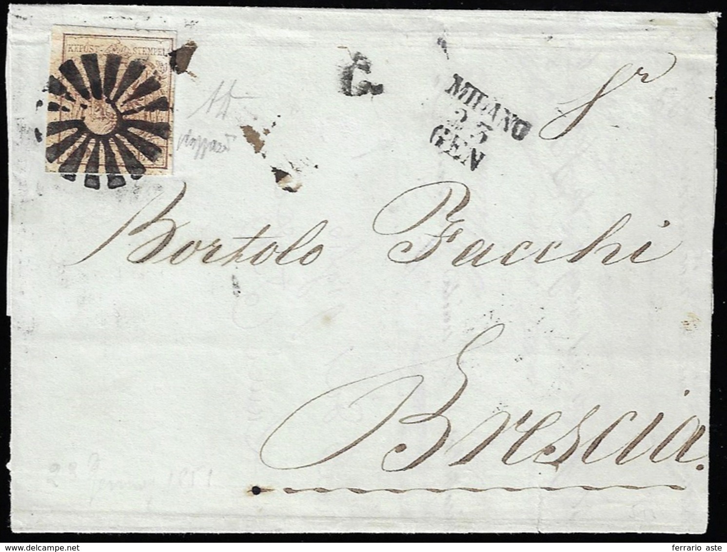 MILANO, M Punti 11 - 30 Cent. (7), Perfetto, Su Lettera Del 23/1/1851 Per Brescia. A.Diena, Cert. Ca... - Lombardo-Vénétie