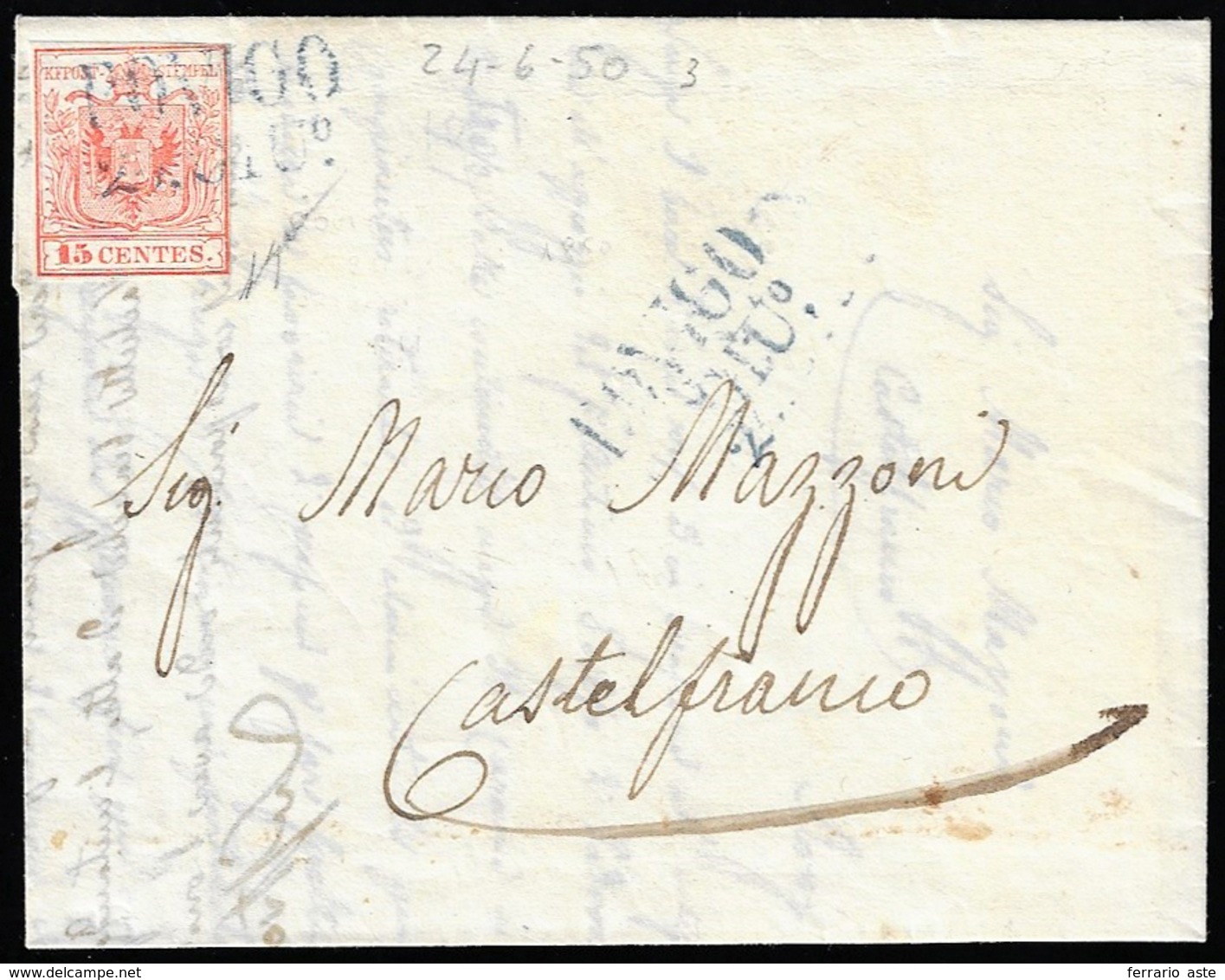 ROVIGO, SD Azzurro Punti 11 - 15 Cent., I Tiratura (3a), Perfetto, Su Lettera Del 24/6/1850 Per Cast... - Lombardo-Vénétie