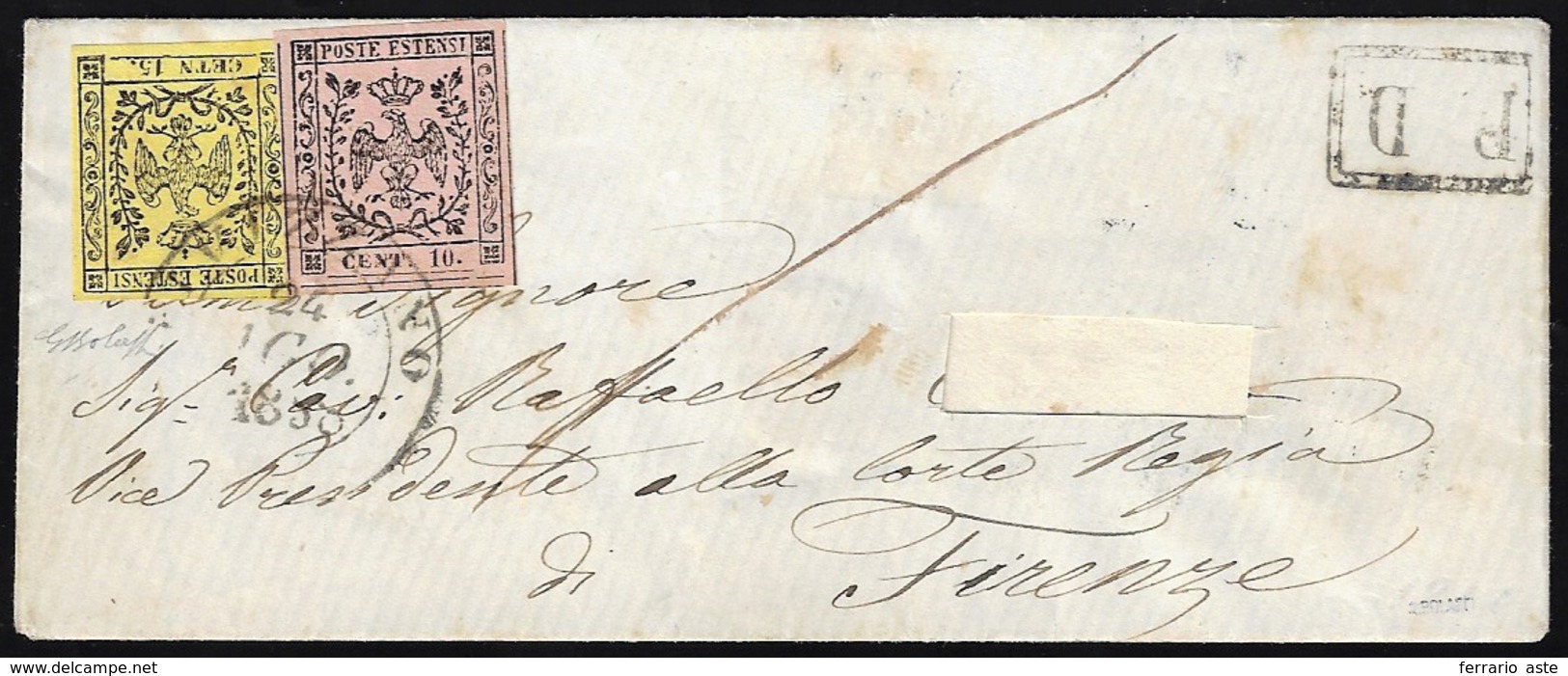 1858 - 15 Cent. Giallo, Varietà "CETN" E 10 Cent. Rosa, II Emissione (3d,9), Perfetti, Su Busta, Ind... - Modène