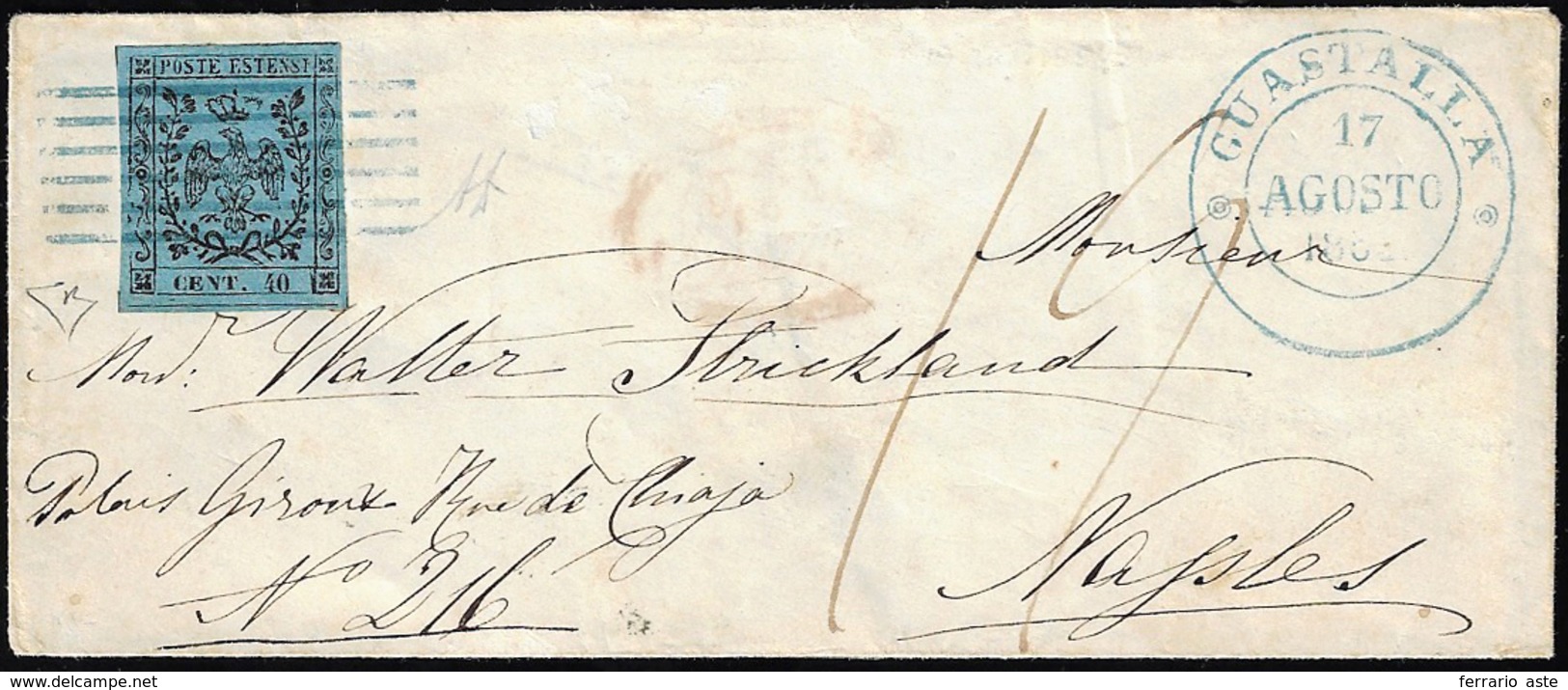 1852 - 40 Cent. Celeste (5), Perfetto, Isolato Su Busta Da Guastalla 17/8/1852 A Napoli, Tassata. De... - Modena