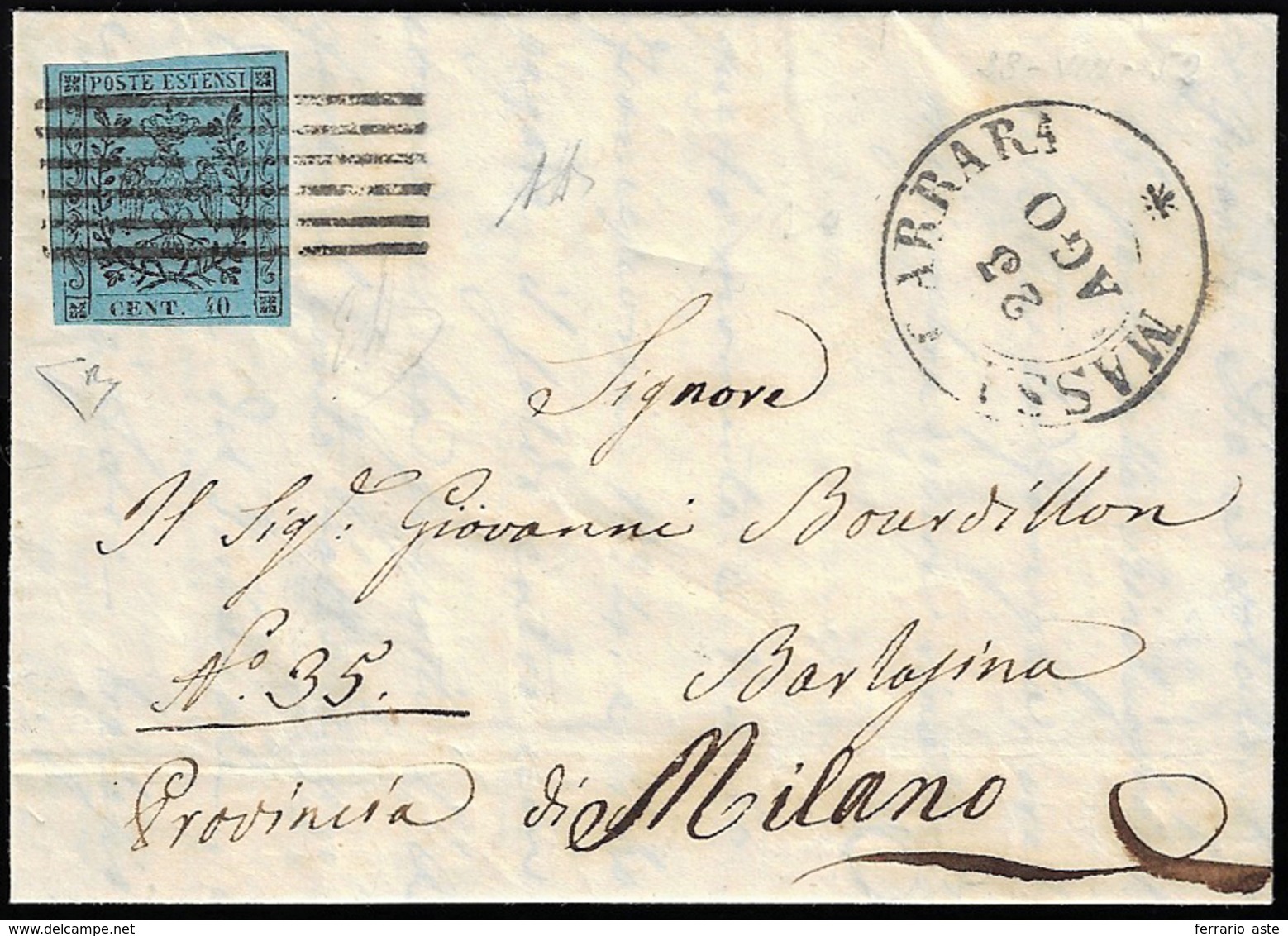 1857 - 40 Cent. Celeste (5), Perfetto, Isolato Su Lettera Da Massa Carrara 23/8/1857 A Barlassina. B... - Modène