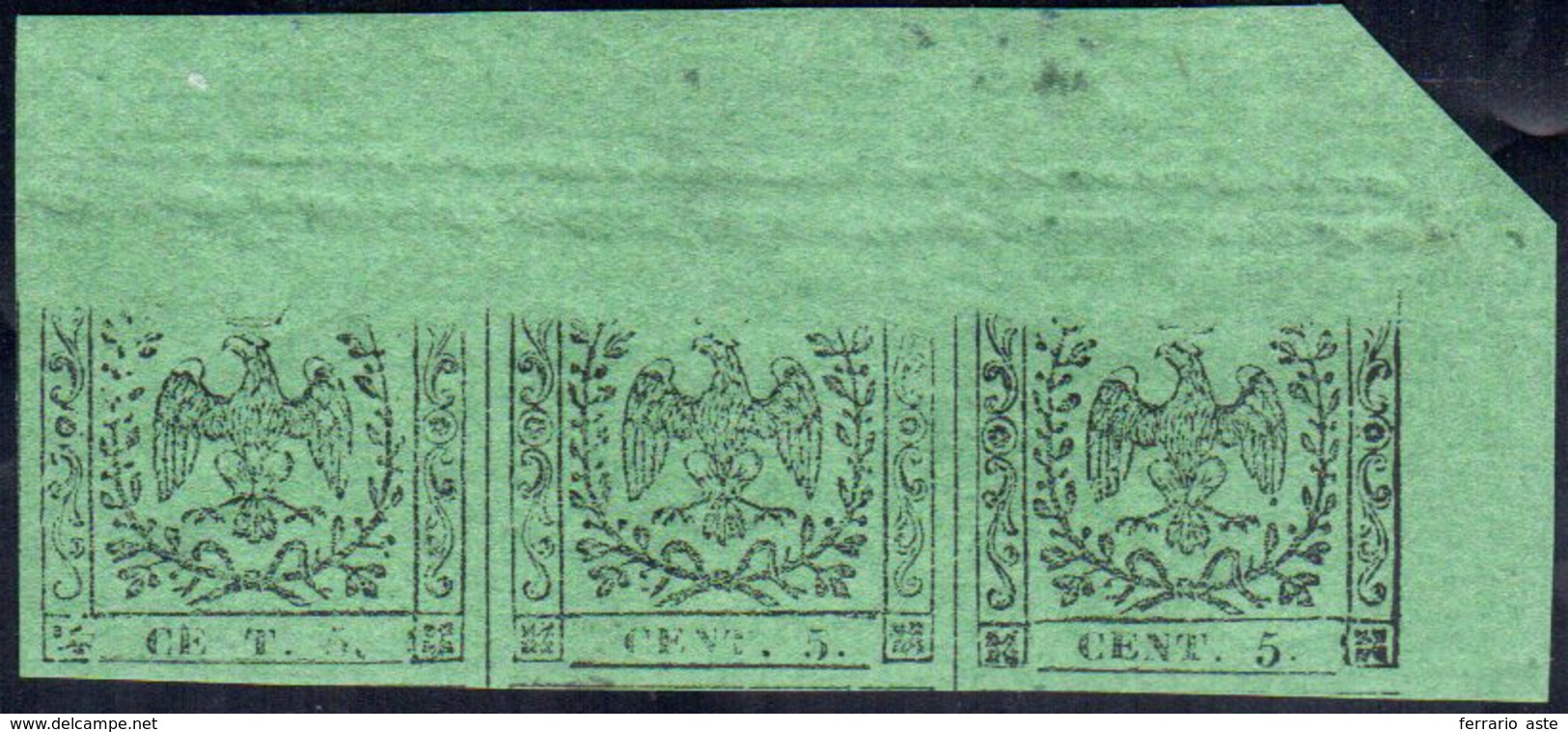 1852 - 5 Cent. Verde, II Emissione (7), Striscia Di Tre Angolo Di Foglio, Gomma Originale Integra, P... - Modène