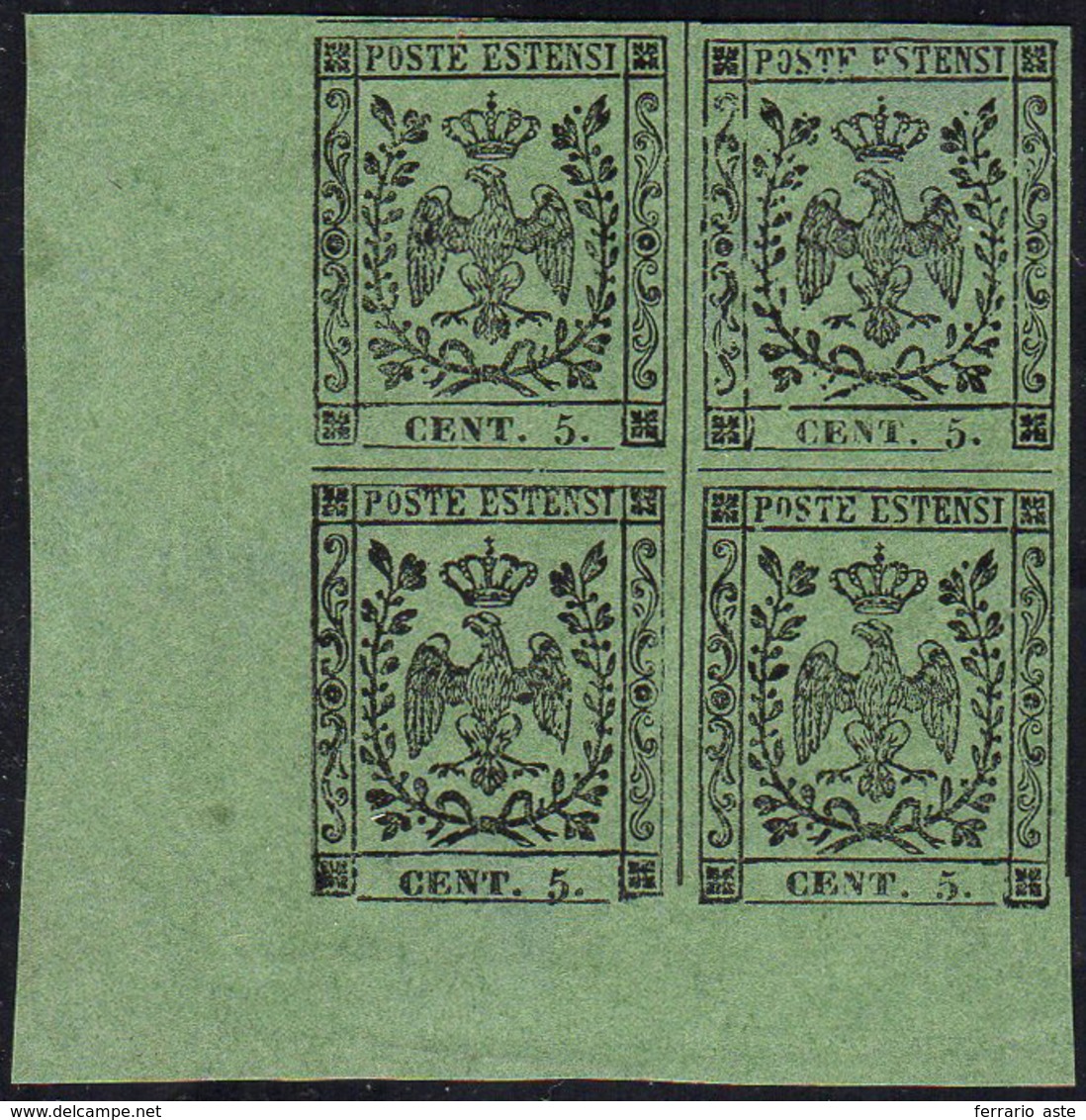 1855 - 5 Cent. Verde Oliva (8), Blocco Di Quattro Angolo Di Foglio, Gomma Originale Integra, Perfett... - Modena