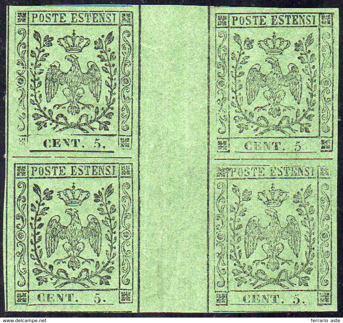 1855 - 5 Cent. Verde Oliva, Blocco Di Quattro Con Interspazio Verticale (8), Gomma Originale Integra... - Modena