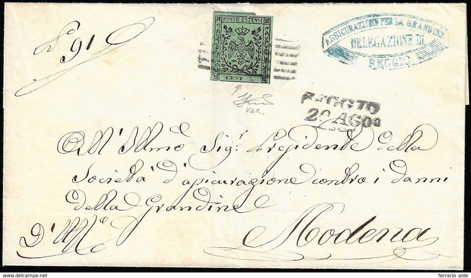 1856 - 5 Cent. Verde Oliva, Senza Punto Dopo "cent", Varietà Non Catalogata (8), Perfetto, Su Sovrac... - Modène