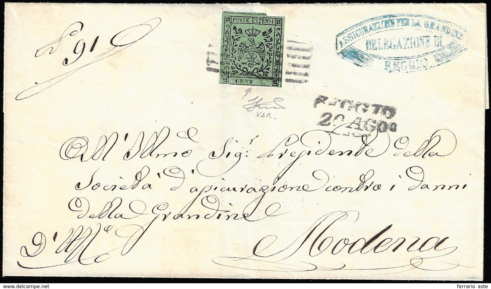 1856 - 5 Cent. Verde Oliva, Senza Punto Dopo "cent", Varietà Non Catalogata (8), Perfetto, Su Sovrac... - Modena