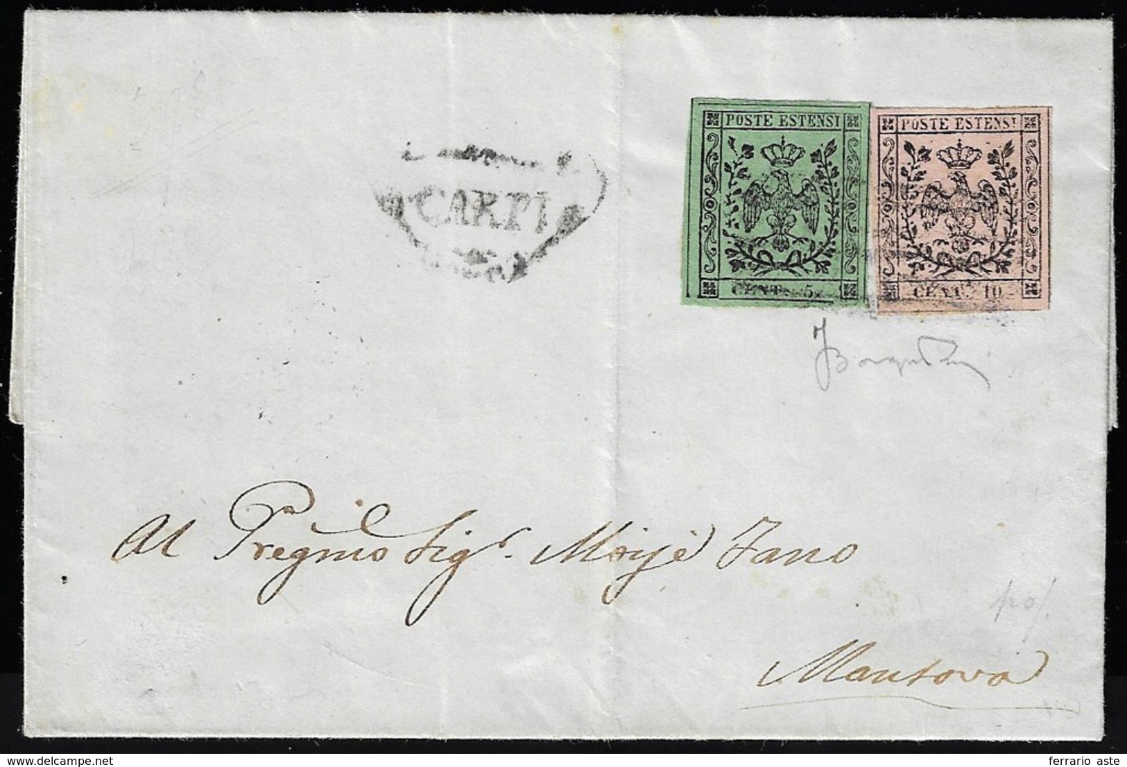 1857 - 5 Cent. Verde Oliva, 10 Cent. Rosa, I Emissione (8,2), Perfetti, Su Lettera Da Carpi 6/6/1857... - Modena