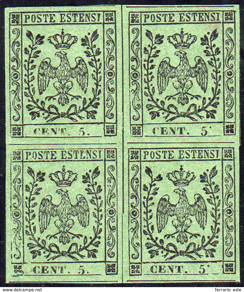 1855 - 5 Cent. Verde Oliva, Blocco Di Quattro Con I Due Esemplari Di Destra Con Varietà Punto In Alt... - Modène