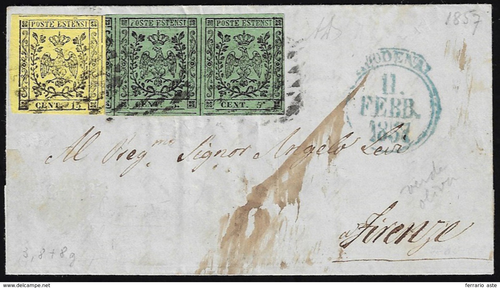 1857 - 5 Cent. Verde Oliva, Coppia, Un Esemplare Con Varietà Punto In Alto Dopo Il "5", 15 Cent. Gia... - Modena