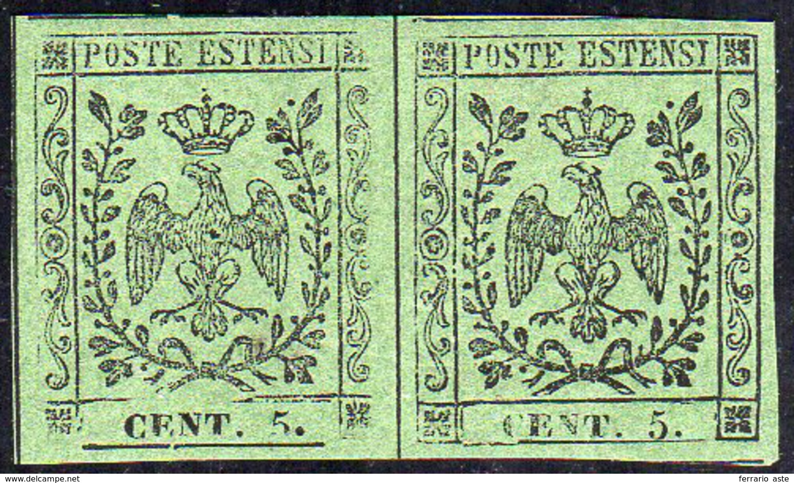 1855 - 5 Cent. Verde Oliva, Coppia Orizzontale Con Un Esemplare Con Varietà Punto Grosso Dopo Il 5, ... - Modène