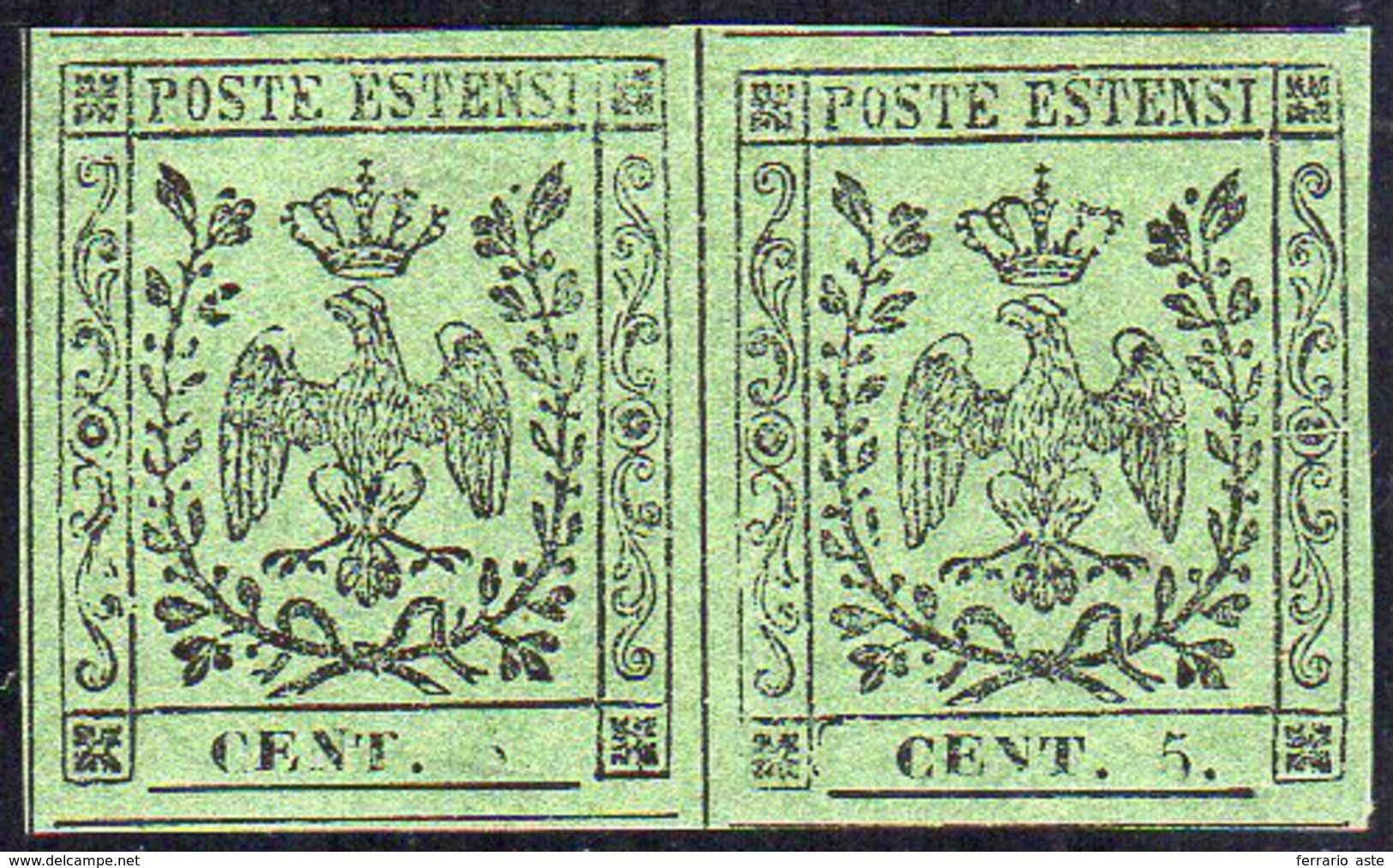1855 - 5 Cent. Verde Oliva, Coppia Orizzontale Con Varietà, Un Esemplare Parzialmente Privo Della Ci... - Modène