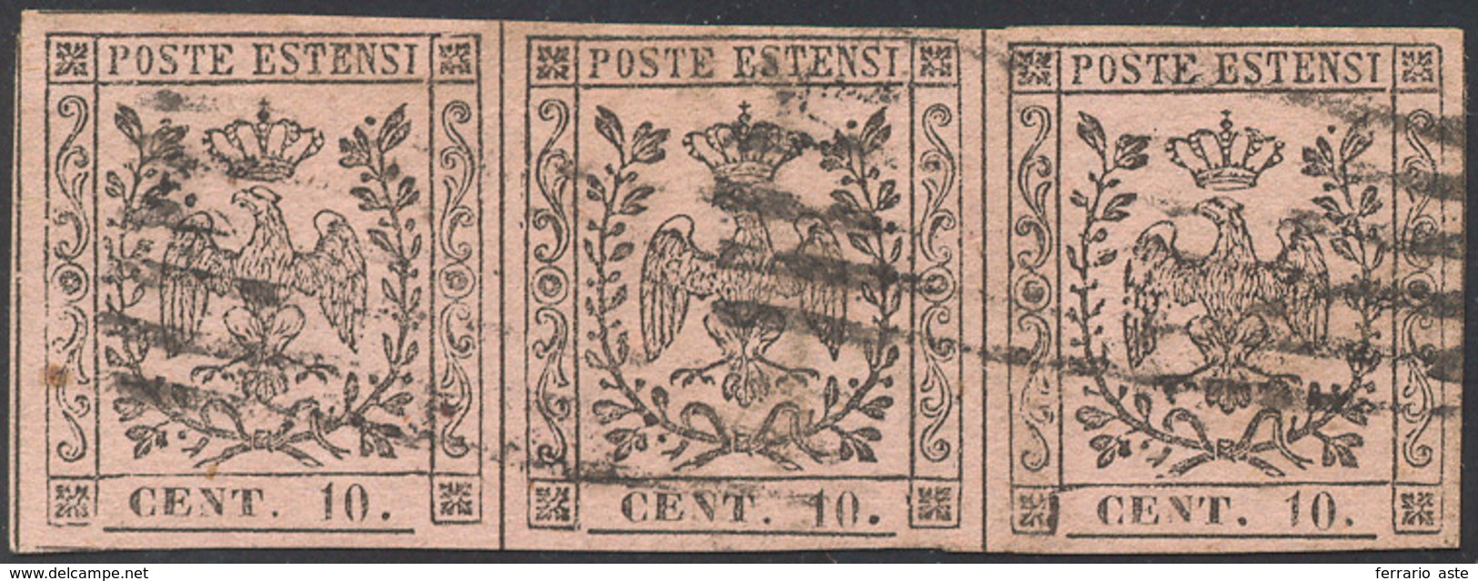 1854 - 10 Cent. Rosa, II Emissione (9), Striscia Orizzontale Di Tre, Usata, Perfetta. Non Comune. A.... - Modène